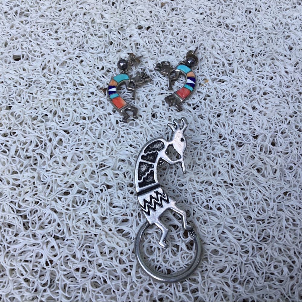 Vintage signed Begay Kokopelli sterling earrings & a silverplate eyeglass holder
